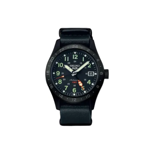 SEIKO Automatic Mechanical Movement Genuine Leather Strap Watch 39.4mm Unisex Black Dial