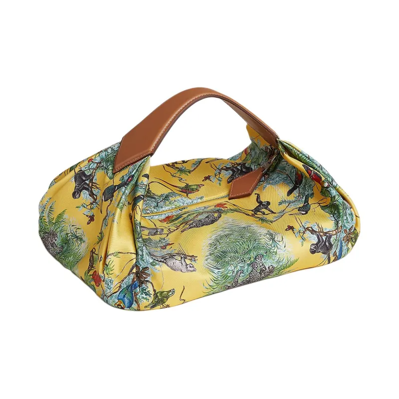 HERMES Balusoie Silk Patchwork Hunter Cow Leather Lunch Box Bag Handbag Women's Naples Yellow With Natural-1