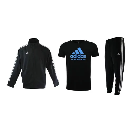 Adidas Casual Sportswear Men Set Black Base With White Stripes Coats+Black T-Shirts+Black Pants