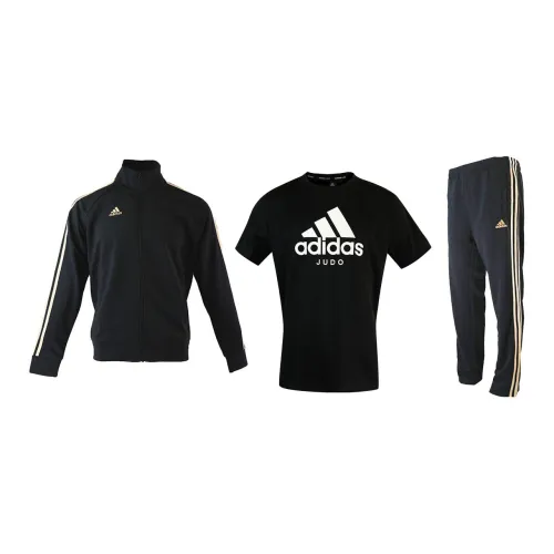 Adidas Casual Sportswear Men Set Black/Gold Coats+Black T-Shirts+Black/Gold Pants