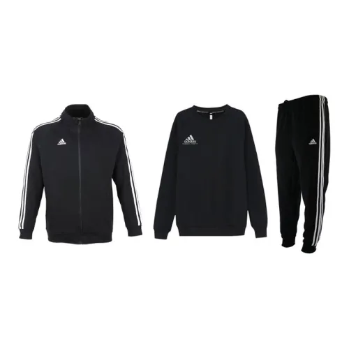 Adidas Casual Sportswear Men Set Black Coats+White Logo Sweatshirt+Black Pants