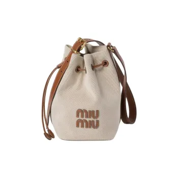 MIU MIU Canvas Leather Bucket Bags Shoulder Bag Crossbody Bag Women's Beige & Brandy
