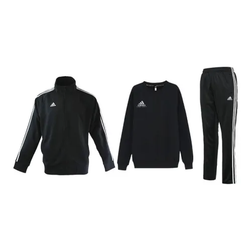 Adidas Casual Sportswear Men Set Black Base With White Stripes Coats+Black White Logo Sweatshirt+Black/White Pants