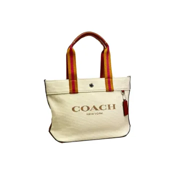 COACH Tote Canvas With Smooth Leather Canvas Bag Tote Tote Shopping Bag Handbag Medium Size Women's Beige Yellow