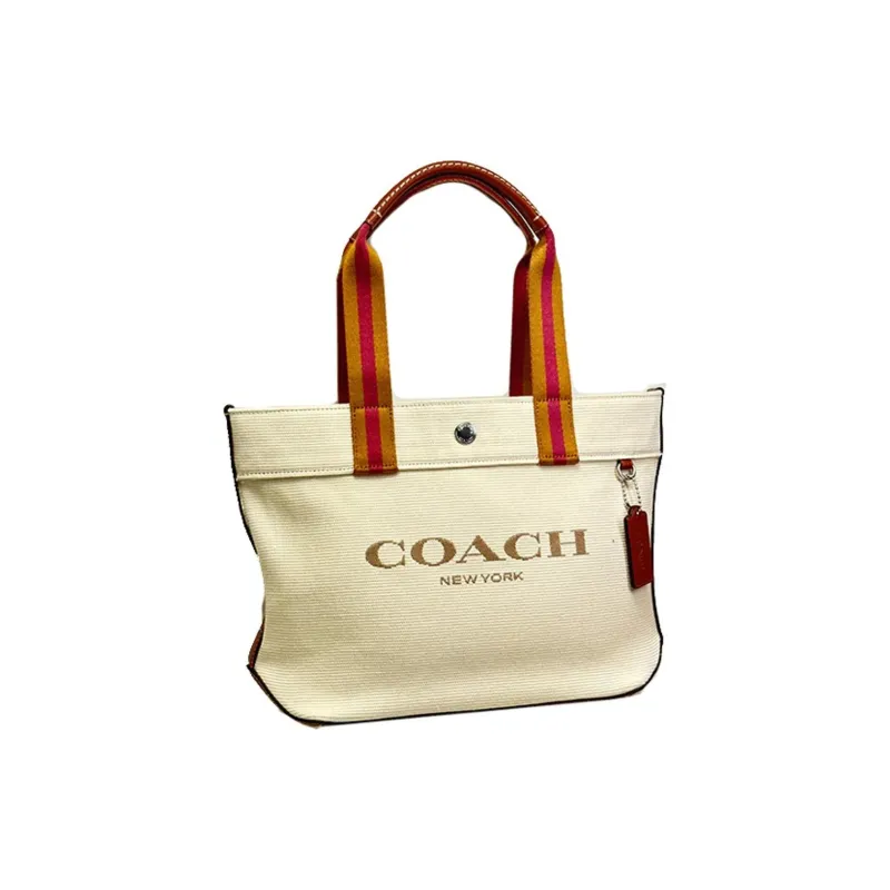 COACH Canvas With Smooth Leather Canvas Bag, Tote Bag, Shopping Bag, Handbag Medium Size Women's Beige Yellow-0