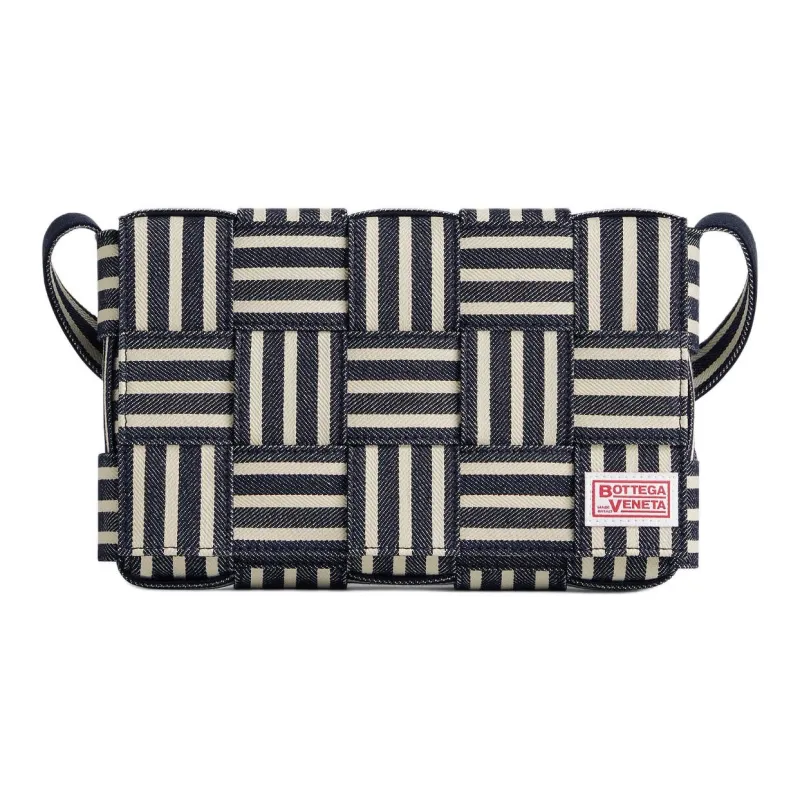 Bottega Veneta Cotton Shoulder Bag Crossbody Bag Medium Size Men's Marine Blue White And Black-0
