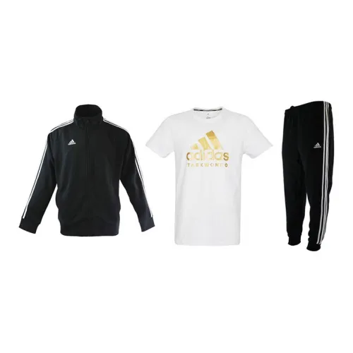 Adidas Casual Sportswear Men Set Black Base With White Stripes Coats+White Gold T-Shirts+Black Pants