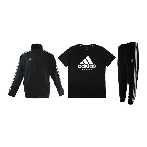 Adidas Casual Sportswear Men Set Black Base With White Stripes Coats+Black Base With White Logo T-Shirts+Black Pants