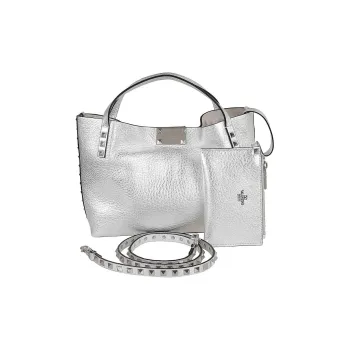 Valentino Grained Calfskin Tote Bag Shopping Bag Shoulder Bag Handbag Small Size Women's Silver