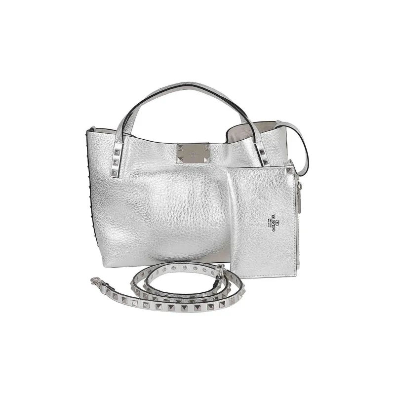 Valentino Grained Calfskin Tote Bag Shopping Bag Shoulder Bag Handbag Small Size Women's Silver-0