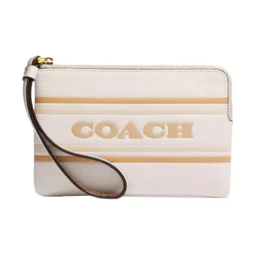 COACH Corner Zip Leather Wrist Bags Clutches Small Size Women's White