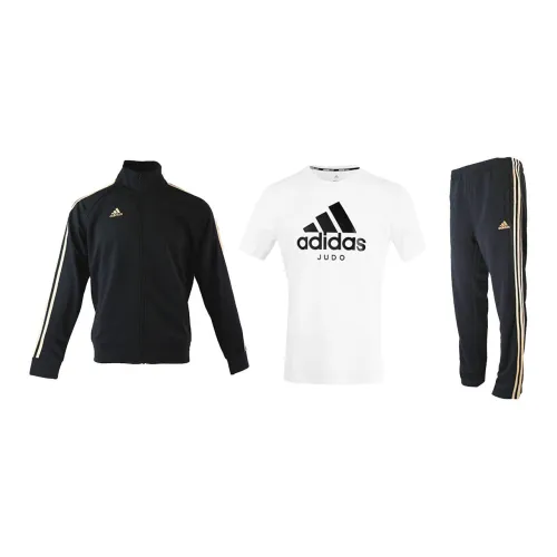 Adidas Casual Sportswear Men Set Black/Gold Coats+White T-Shirts+Black/Gold Pants