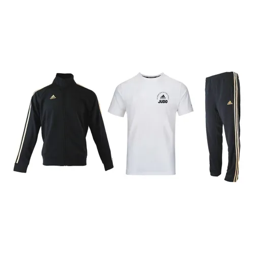 Adidas Casual Sportswear Men Set Black/Gold Coats+White Black T-Shirts+Black/Gold Pants