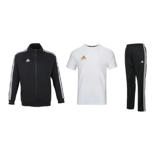 Adidas Casual Sportswear Men Set Black Base With White Stripes Coats+White Base With Gold Logo T-Shirts+Black/White Pants