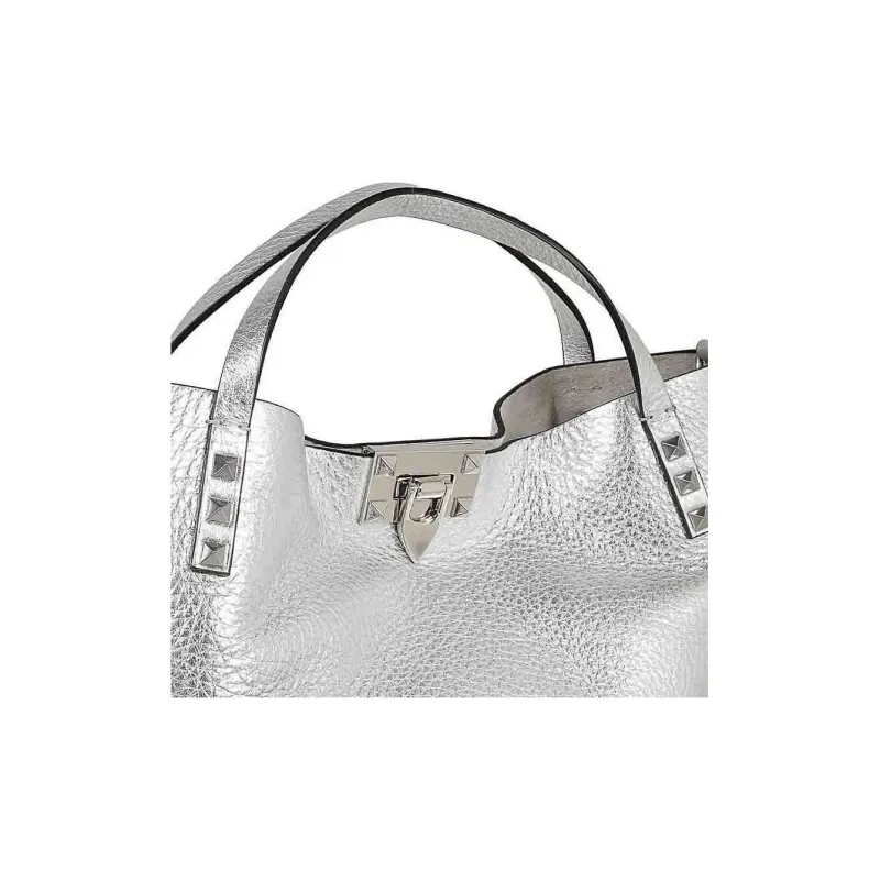 Valentino Grained Calfskin Tote Bag Shopping Bag Shoulder Bag Handbag Small Size Women's Silver-3