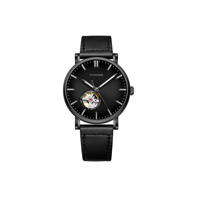 RARONE Black Knight Mechanical Movement Genuine Leather Strap Watch Men's Watches Black Dial-0
