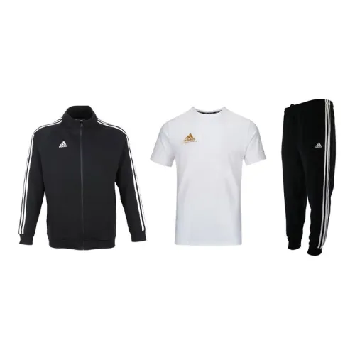 Adidas Casual Sportswear Men Set Black Base With White Stripes Coats+White Base With Gold Logo T-Shirts+Black Pants