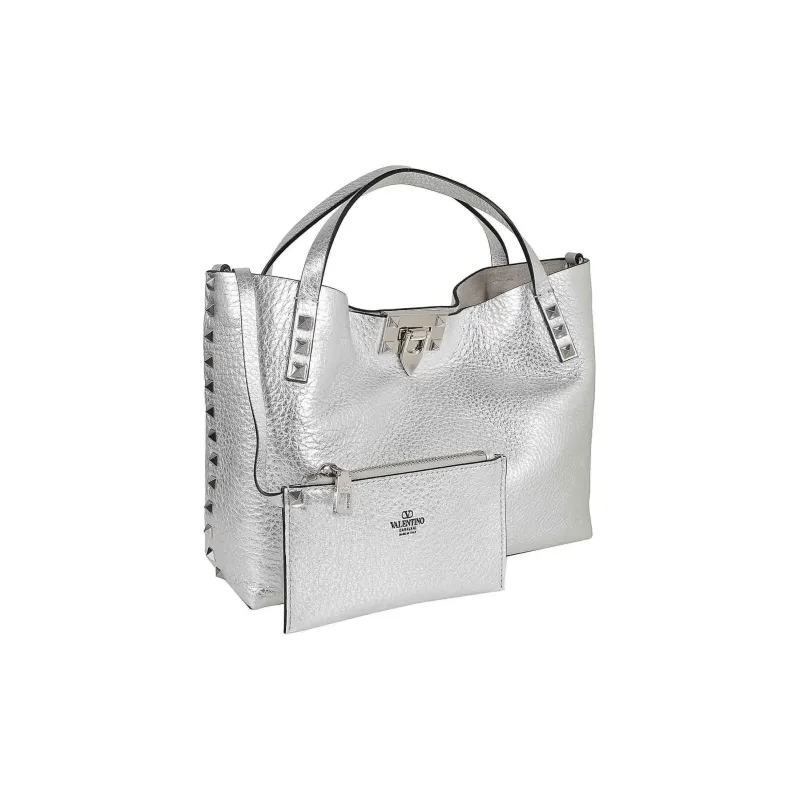 Valentino Grained Calfskin Tote Bag Shopping Bag Shoulder Bag Handbag Small Size Women's Silver-1