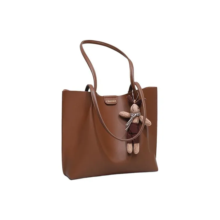 C°BANNER Split Cow Leather With Synthetic Leather Tote Bag, Shopping Bag, Shoulder Bag Women's Coffee-4