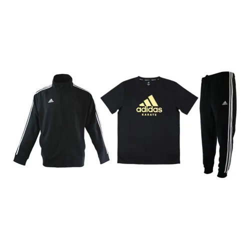 Adidas Casual Sportswear Men Set Black Base With White Stripes Coats+Black Base With Gold Label T-Shirts+Black Pants