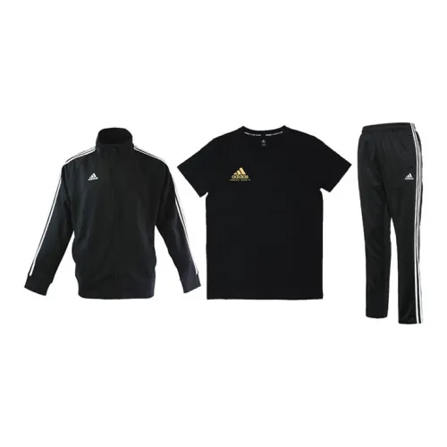 Adidas Casual Sportswear Men Set Black Base With White Stripes Coats+Black Gold Logo T-Shirts+Black/White Pants