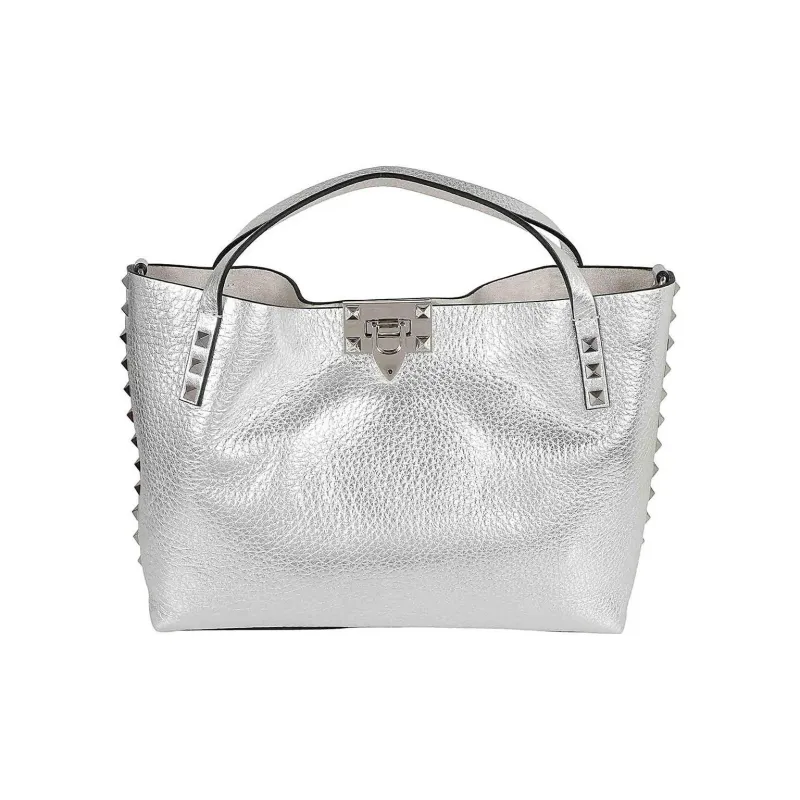Valentino Grained Calfskin Tote Bag Shopping Bag Shoulder Bag Handbag Small Size Women's Silver-2