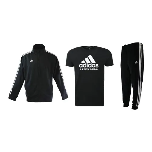 Adidas Casual Sportswear Men Set Black Base With White Stripes Coats+Black T-Shirts+Black Pants