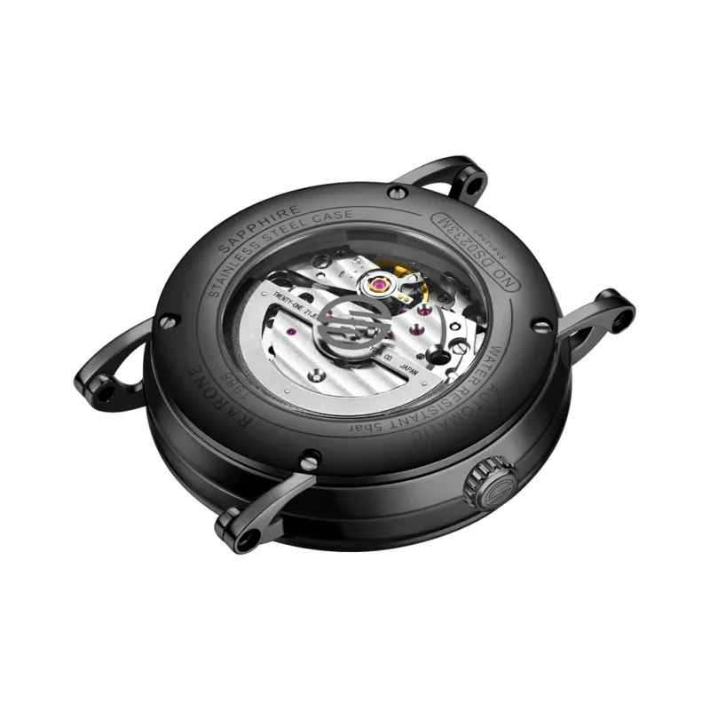 RARONE Black Knight Mechanical Movement Genuine Leather Strap Watch Men's Watches Black Dial-3