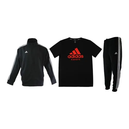 Adidas Casual Sportswear Men Set Black Base With White Stripes Coats+Black Base With Red Logo T-Shirts+Black Pants