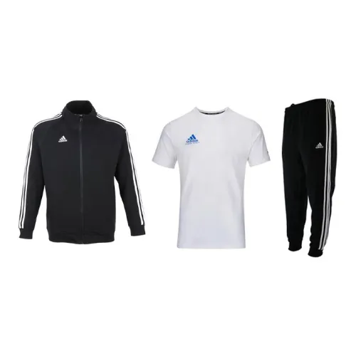 Adidas Casual Sportswear Men Set Black Base With White Stripes Coats+White Base With Blue Logo T-Shirts+Black Pants