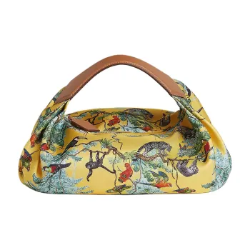 HERMES Balusoie Silk Patchwork Hunter Cow Leather Lunch Box Bag Handbag Women's Naples Yellow With Natural