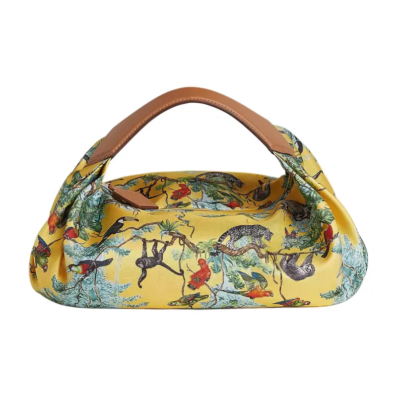 HERMES Balusoie Silk Patchwork Hunter Cow Leather Lunch Box Bag Handbag Women's Naples Yellow With Natural-0