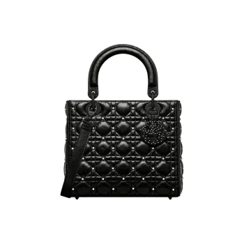 DIOR Lady Dior Pleated Lambskin Lady Dior Bag, One Shoulder Handbag Medium Size Women's Black