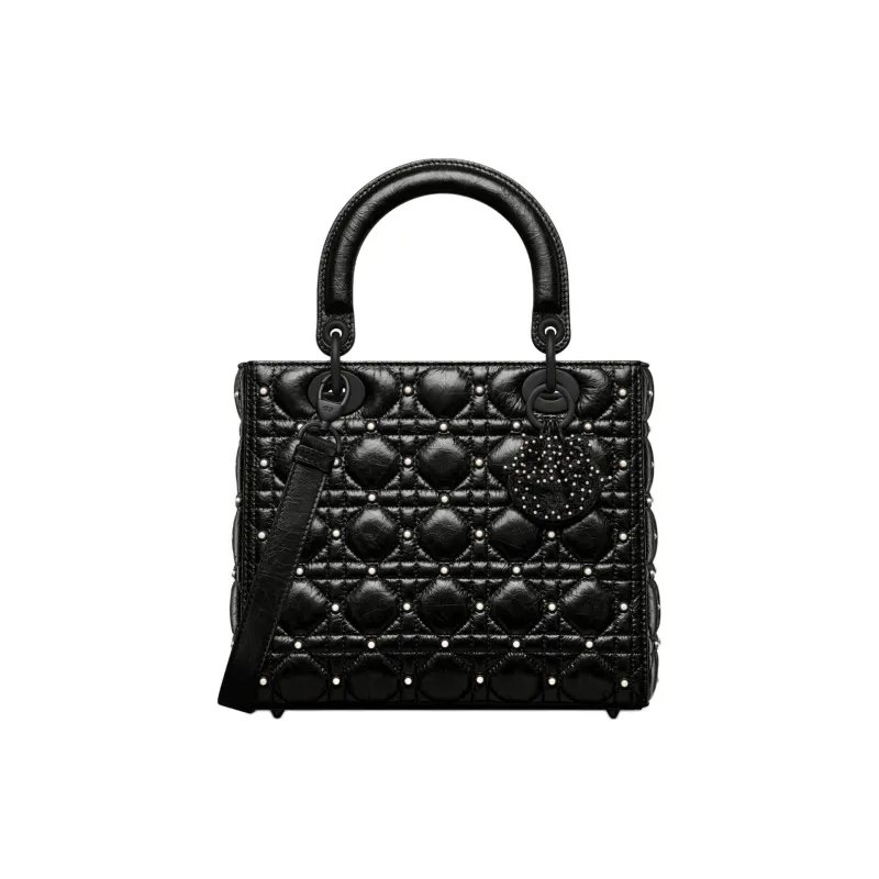 DIOR Lady Dior Pleated Lambskin Lady Dior Bag, One Shoulder Handbag Medium Size Women's Black-0