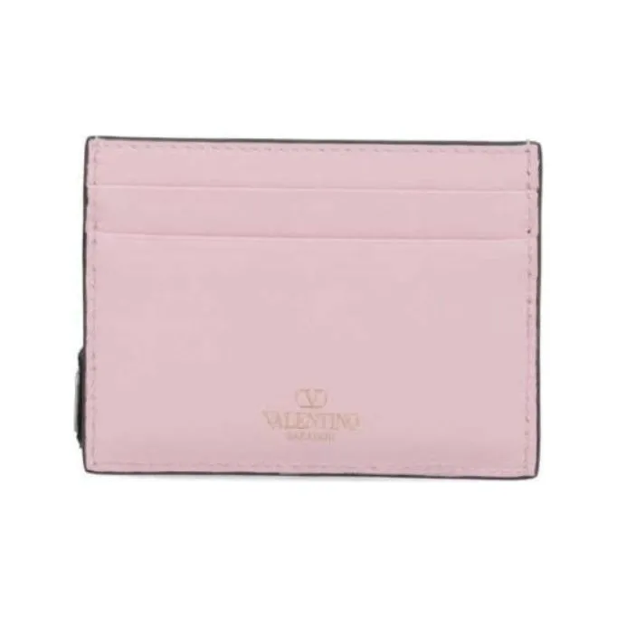Valentino ROCKSTUD Leather Card Holder Wallet Women's Pink-1