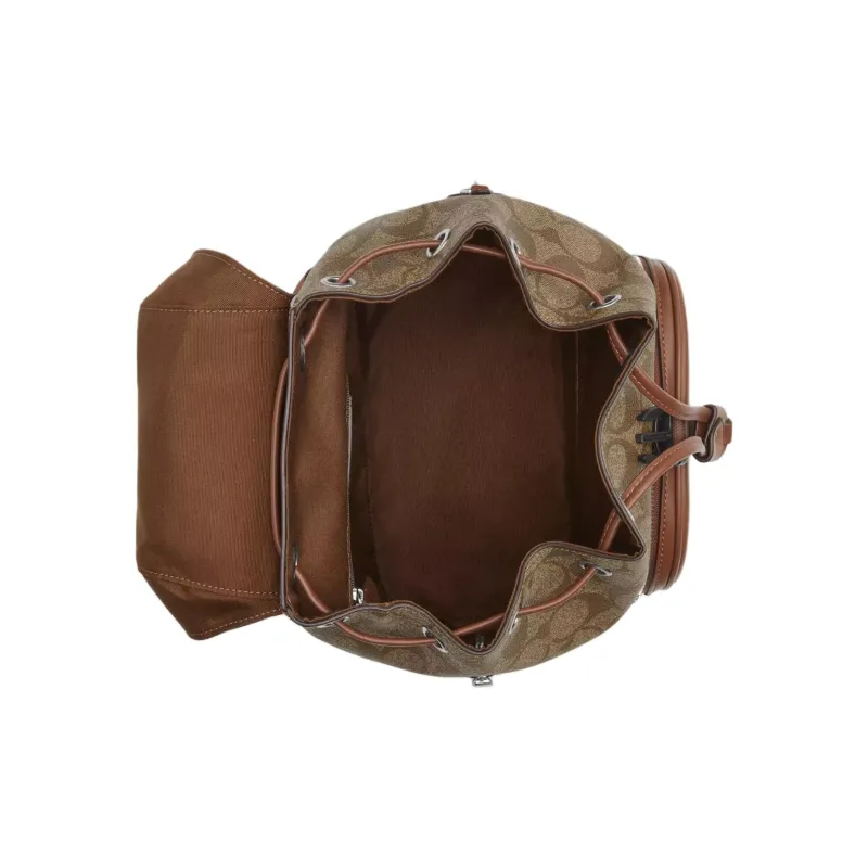 COACH Coated Canvas With Genuine Calfskin Backpack Small Size Women's Khaki & Saddle Brown-2