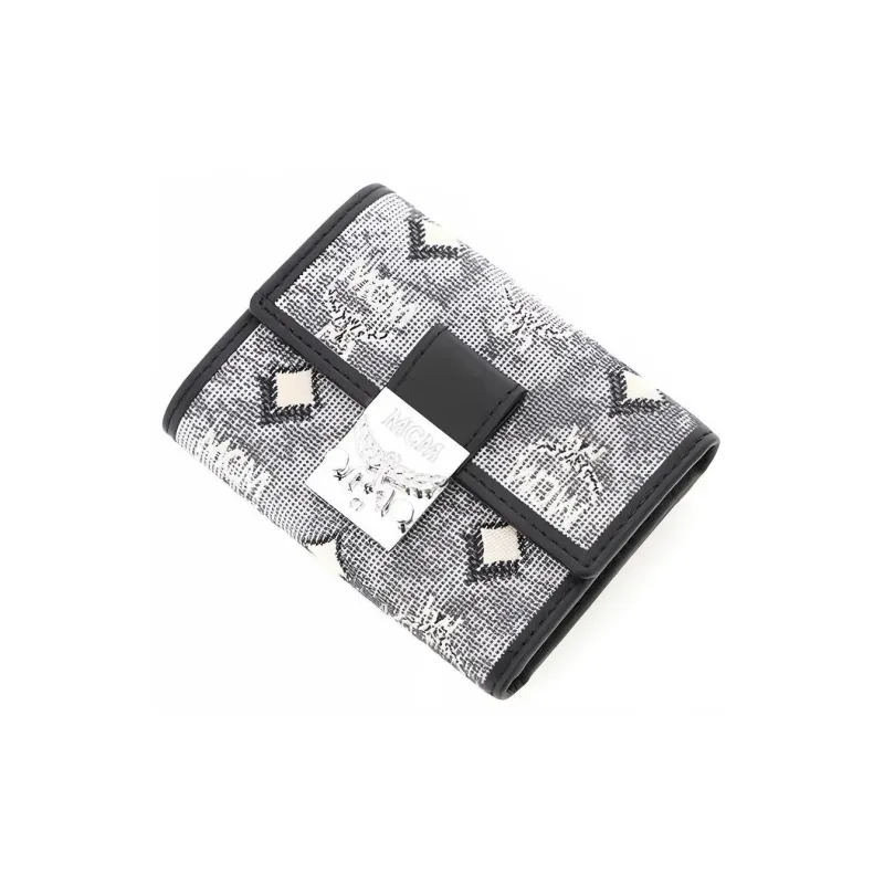 MCM Leather With Jacquard Fabric Wallet Mini Women's Gray-2