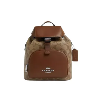 COACH Coated Canvas With Genuine Calfskin Backpack Small Size Women's Khaki & Saddle Brown