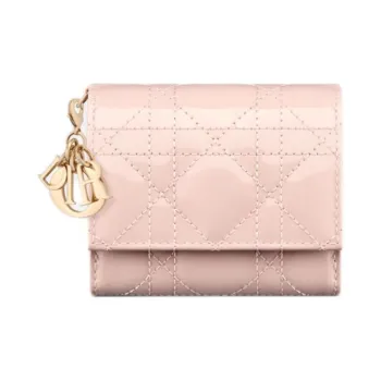 DIOR Lady Dior Patent Leather Wicker Pattern Calfskin Wallet Women's Lotus Pink