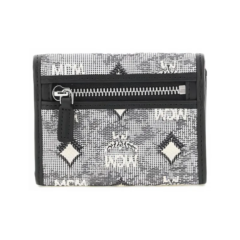 MCM Leather With Jacquard Fabric Wallet Mini Women's Gray-3