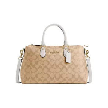COACH Coated Canvas With Smooth Leather Shoulder Bag Crossbody Bag Handbag Large Size Women's Gold & Light Khaki