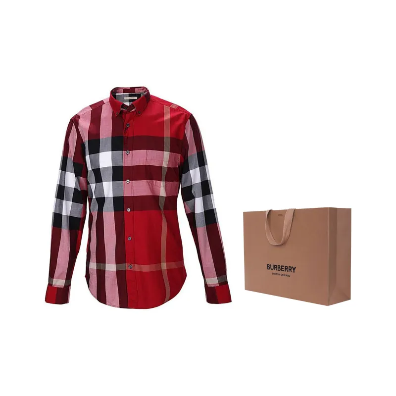 Burberry Men Color Block Check Shirt Red-2