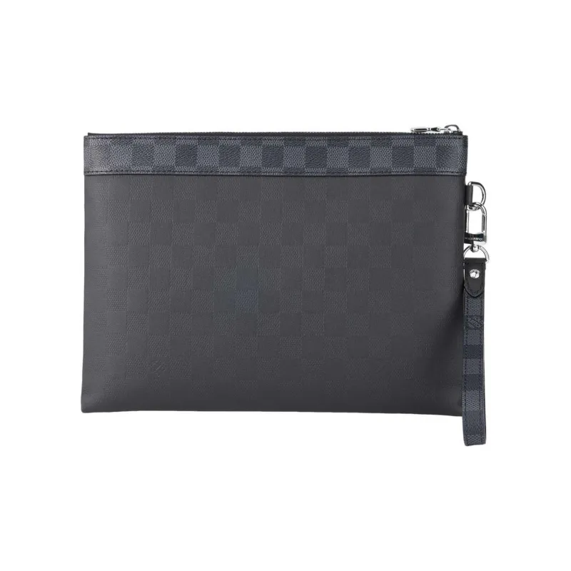 LOUIS VUITTON Pochette To Go Cow Leather With Graphite Chessboard Canvas Clutch Regular Men's Black-3