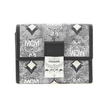 MCM Leather With Jacquard Fabric Wallet Mini Women's Gray