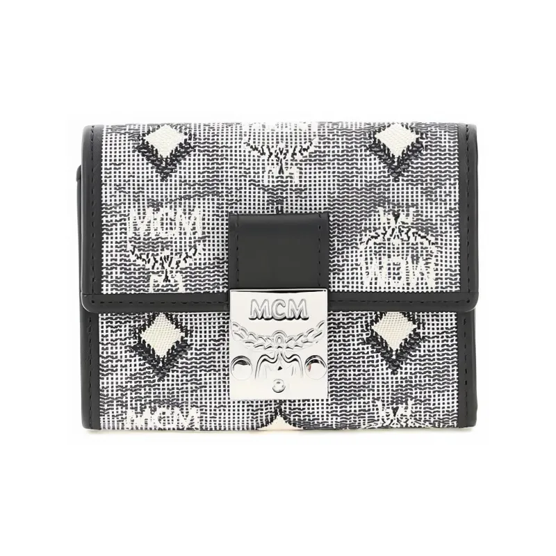 MCM Leather With Jacquard Fabric Wallet Mini Women's Gray-0