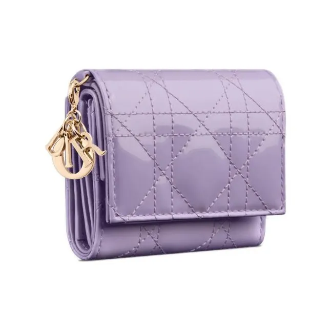 DIOR Lady Dior Patent Leather Wicker Pattern Calfskin Wallet Women's Light Purple-1