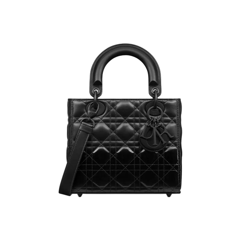 DIOR Lady Dior Wicker Pattern Lambskin Shoulder Bag Crossbody Bag Handbag Small Size Women's Black-0