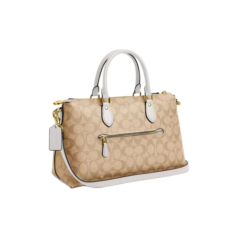 COACH Coated Canvas With Smooth Leather Shoulder Bag Crossbody Bag Handbag Large Size Women's Gold & Light Khaki-1