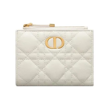DIOR Caro Wicker Pattern Calfskin Wallet Women's White
