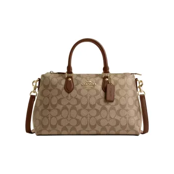 COACH Coated Canvas With Smooth Leather Shoulder Bag Crossbody Bag Handbag Women's Khaki & Saddle Brown